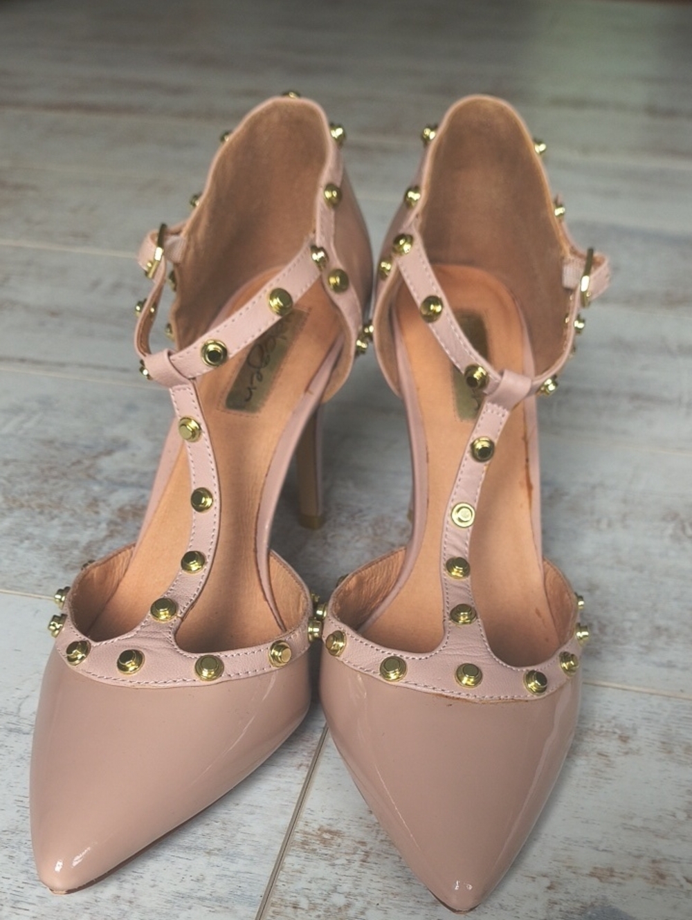 Halogen Stud-Embellished Blush Patent T-Strap Heels Sz 8M
